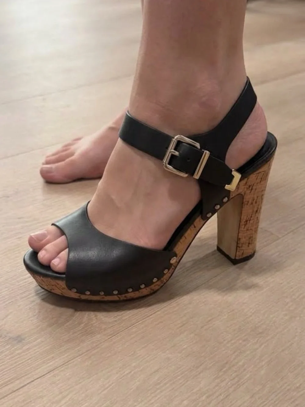 XOXO Black Cork Platform Block Heel Sandals